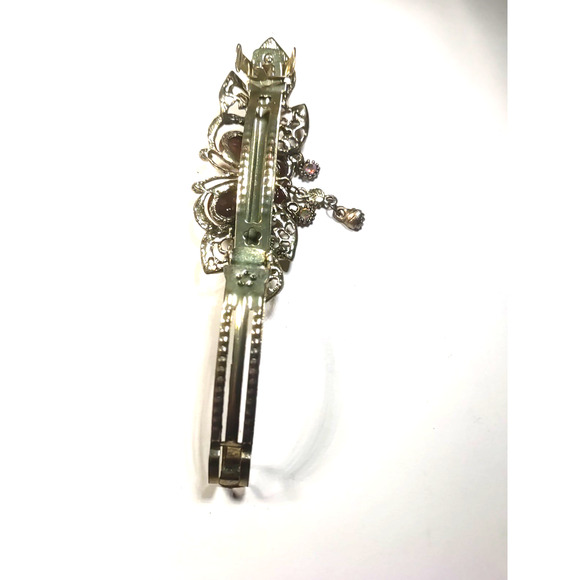 Hair Barrette Tension Clip Antique Gold Tone Rust Colored Beads Rhinestone - Picture 5 of 5